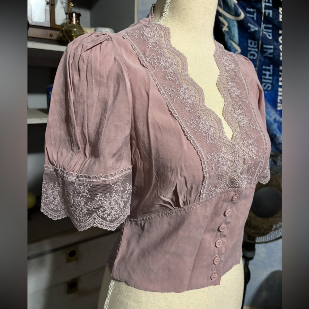 Zara Lace Trim Blouse Mauve Pink Cropped Top XS Boho Cottagecore - Picture 4 of 10